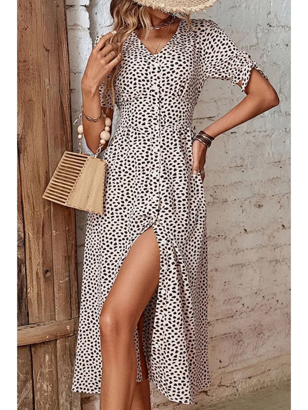 Polka Dot Midi Button-Front Dress in Cream and Black